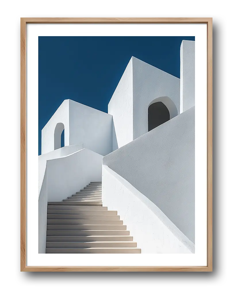 A modern poster showcasing white architectural structures with a minimalist staircase against a deep blue sky.