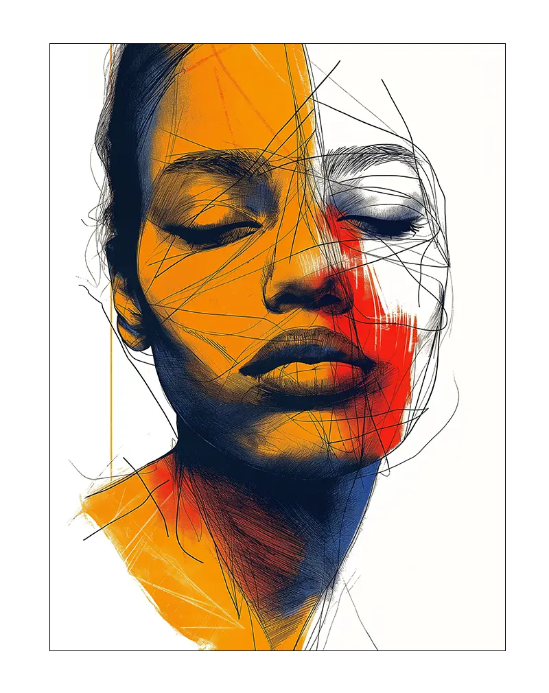 An abstract illustration of a woman's face with bold colors and dynamic line work, featuring shades of orange, red, and blue. Perfect wall art for adding an artistic and emotional touch to modern interior decor