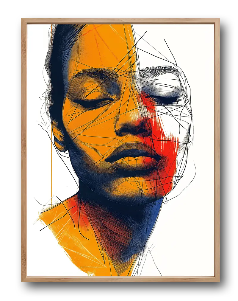 An abstract illustration of a woman's face with bold colors and dynamic line work, featuring shades of orange, red, and blue. Perfect wall art for adding an artistic and emotional touch to modern interior decor