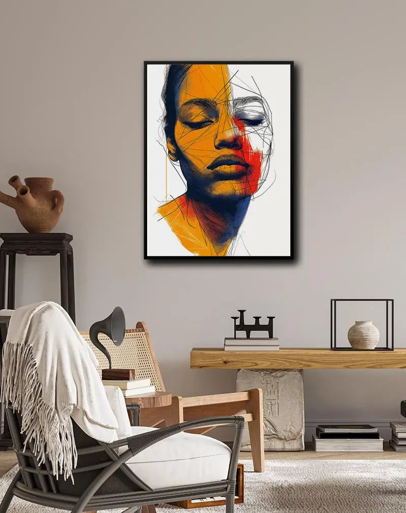 An abstract illustration of a woman's face with bold colors and dynamic line work, featuring shades of orange, red, and blue. Perfect wall art for adding an artistic and emotional touch to modern interior decor