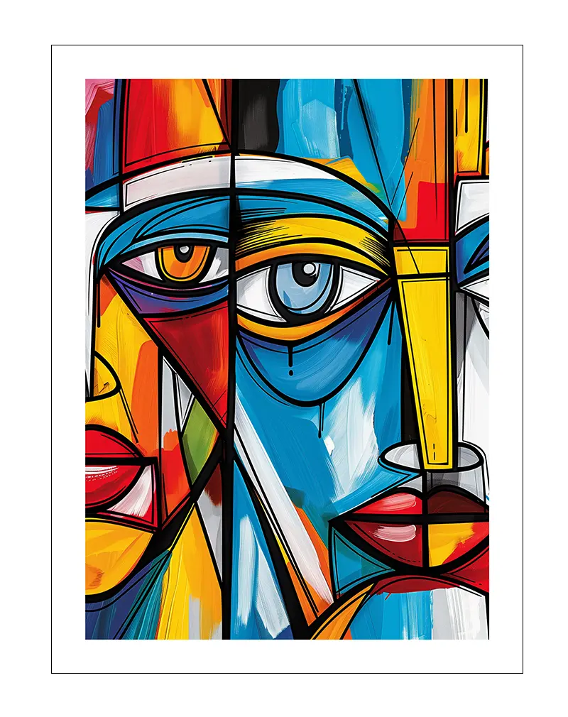 A vibrant cubist-style illustration of abstract human faces, featuring bold shapes and vivid colors like blue, red, and yellow. Perfect wall art for adding a modern and artistic flair to any room