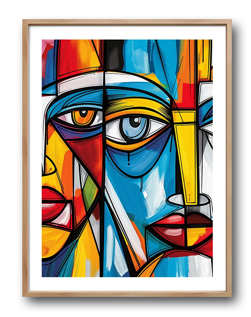 A vibrant cubist-style illustration of abstract human faces, featuring bold shapes and vivid colors like blue, red, and yellow. Perfect wall art for adding a modern and artistic flair to any room