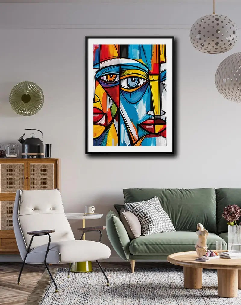 A vibrant cubist-style illustration of abstract human faces, featuring bold shapes and vivid colors like blue, red, and yellow. Perfect wall art for adding a modern and artistic flair to any room