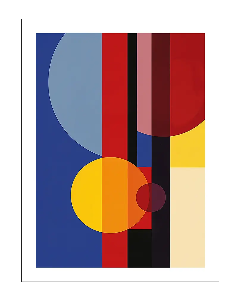 A geometric abstract illustration with bold color blocks and circular shapes in blue, red, yellow, and black tones. Perfect wall art for adding a modern and minimalistic touch to any living space