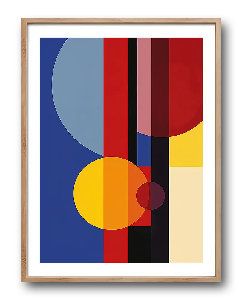 A geometric abstract illustration with bold color blocks and circular shapes in blue, red, yellow, and black tones. Perfect wall art for adding a modern and minimalistic touch to any living space