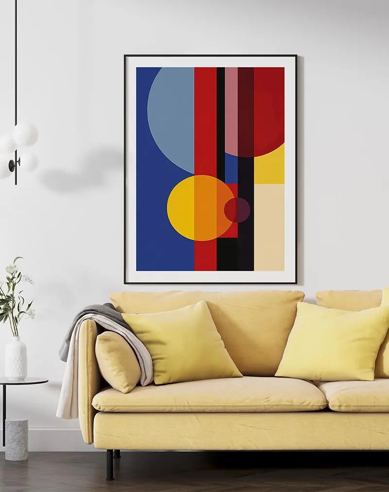 A geometric abstract illustration with bold color blocks and circular shapes in blue, red, yellow, and black tones. Perfect wall art for adding a modern and minimalistic touch to any living space