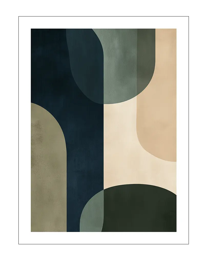 A minimalistic abstract wall art featuring organic shapes in muted tones of navy, green, beige, and cream. Perfect illustration to add a modern, sophisticated touch to your home decor