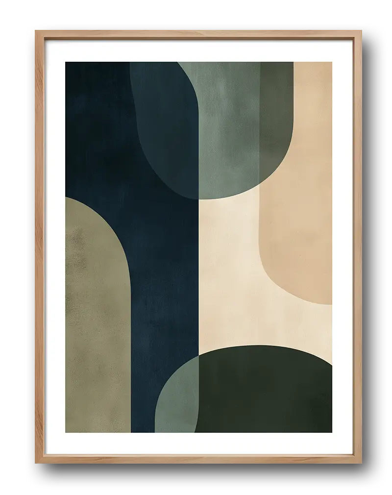 A minimalistic abstract wall art featuring organic shapes in muted tones of navy, green, beige, and cream. Perfect illustration to add a modern, sophisticated touch to your home decor