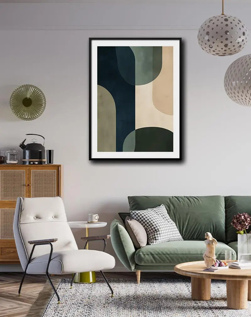 A minimalistic abstract wall art featuring organic shapes in muted tones of navy, green, beige, and cream. Perfect illustration to add a modern, sophisticated touch to your home decor