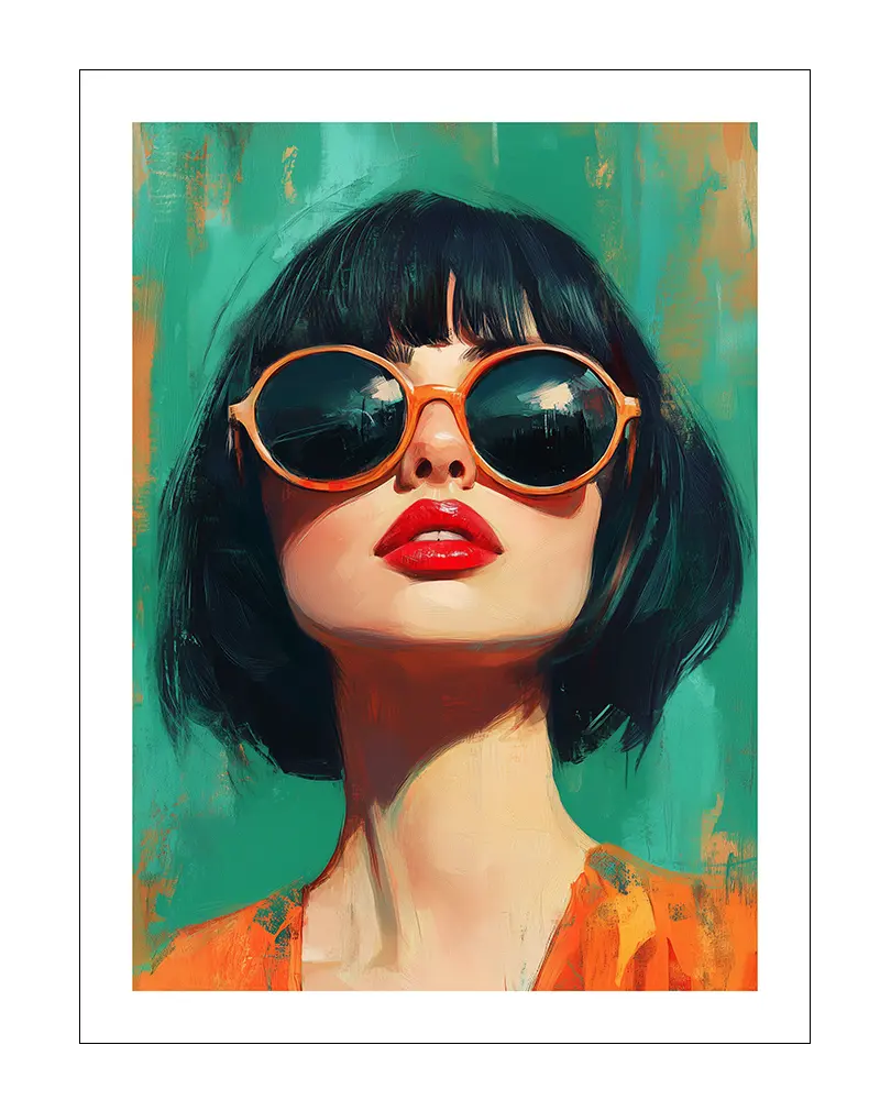 A striking illustration of a woman with bold red lips, dark hair, and oversized sunglasses, set against a vibrant teal and orange background. Perfect wall art for adding a modern and fashionable touch to any space