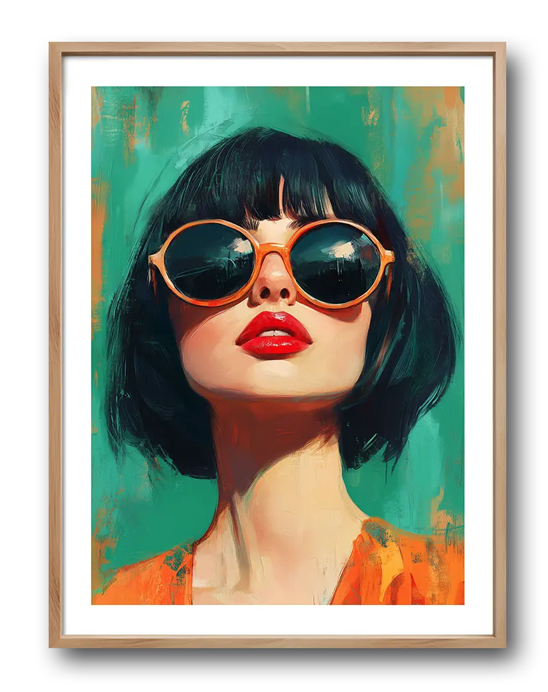 A striking illustration of a woman with bold red lips, dark hair, and oversized sunglasses, set against a vibrant teal and orange background. Perfect wall art for adding a modern and fashionable touch to any space