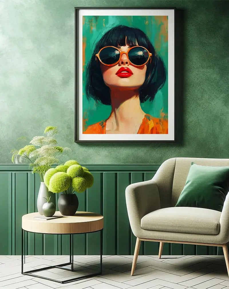 A striking illustration of a woman with bold red lips, dark hair, and oversized sunglasses, set against a vibrant teal and orange background. Perfect wall art for adding a modern and fashionable touch to any space