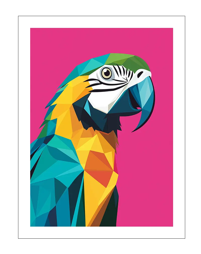 A vibrant geometric illustration of a parrot in shades of blue, green, and yellow on a bold pink background. This striking wall art brings a splash of color and energy to any room. Perfect poster for a contemporary and lively decor