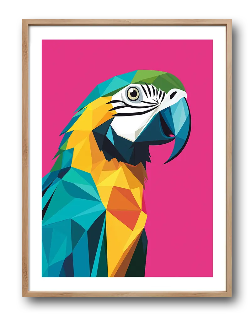 A vibrant geometric illustration of a parrot in shades of blue, green, and yellow on a bold pink background. This striking wall art brings a splash of color and energy to any room. Perfect poster for a contemporary and lively decor