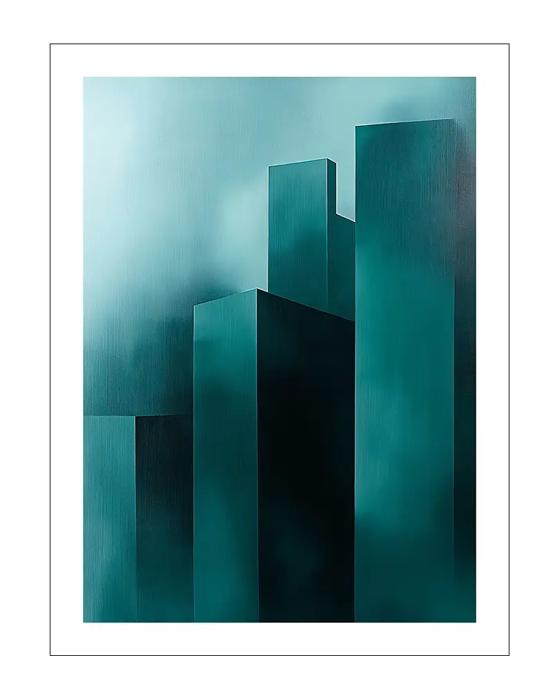 A minimalist illustration of a cityscape in shades of turquoise and dark teal, featuring tall, blocky buildings that evoke a serene yet futuristic atmosphere. Perfect wall art for a sleek, contemporary interior