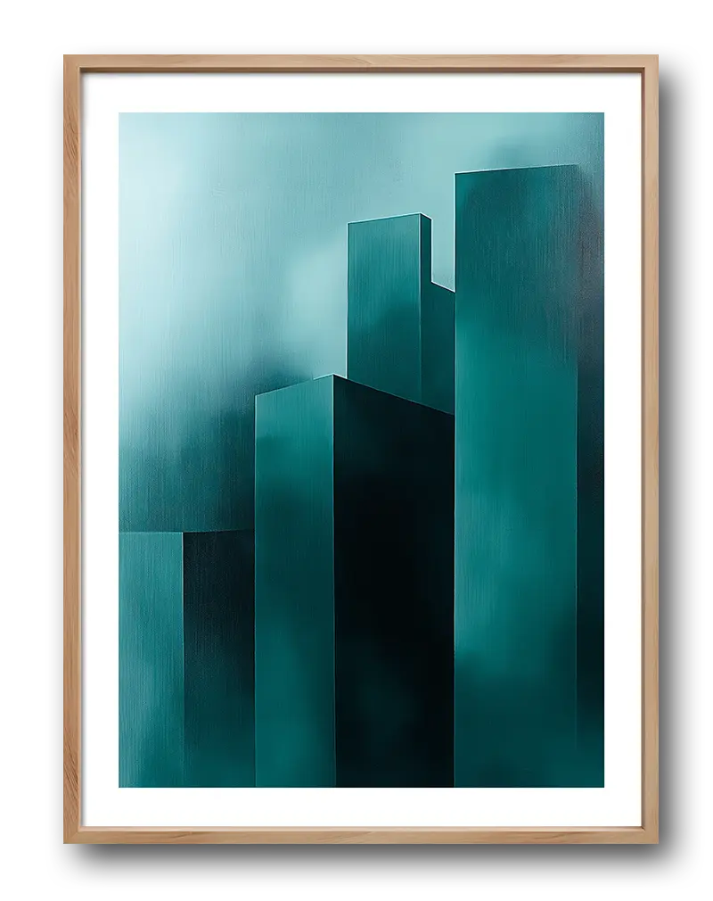 A minimalist illustration of a cityscape in shades of turquoise and dark teal, featuring tall, blocky buildings that evoke a serene yet futuristic atmosphere. Perfect wall art for a sleek, contemporary interior