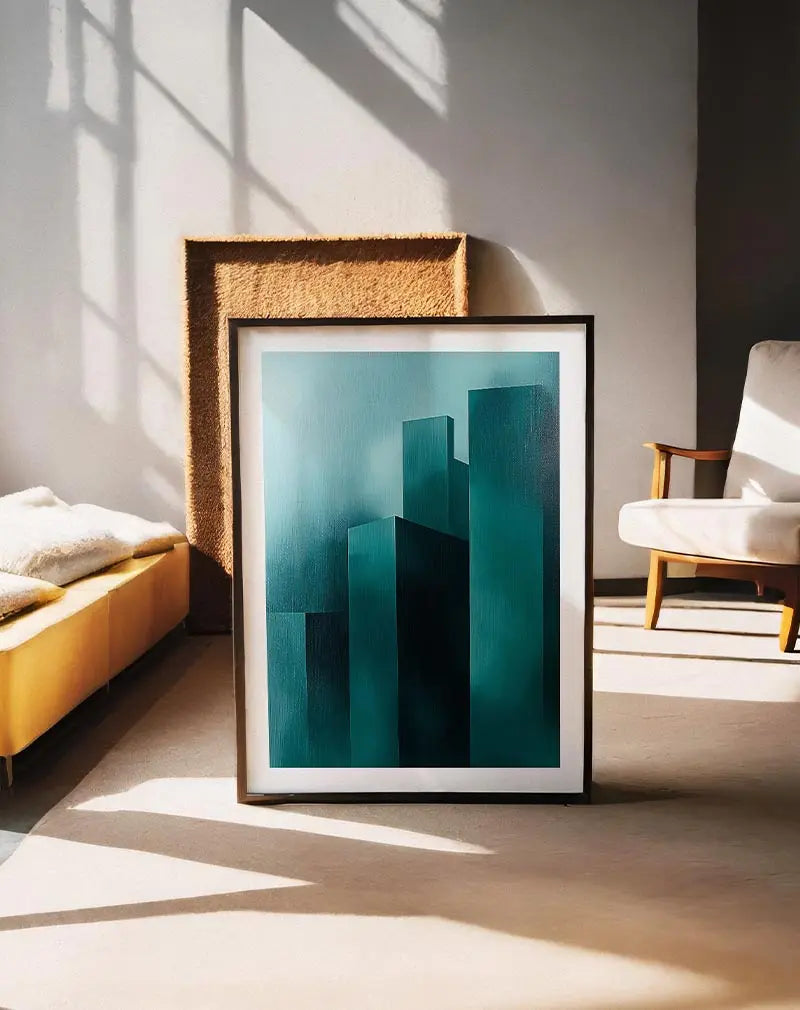 A minimalist illustration of a cityscape in shades of turquoise and dark teal, featuring tall, blocky buildings that evoke a serene yet futuristic atmosphere. Perfect wall art for a sleek, contemporary interior