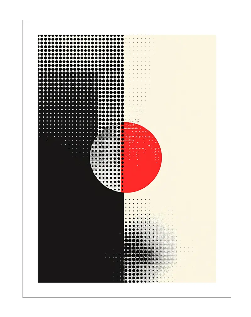 A modern abstract wall art featuring a halftone pattern with black, beige, and a bold red circle at the center. This geometric poster adds a striking contrast to contemporary spaces, perfect for adding a minimalist yet dynamic touch to your decor