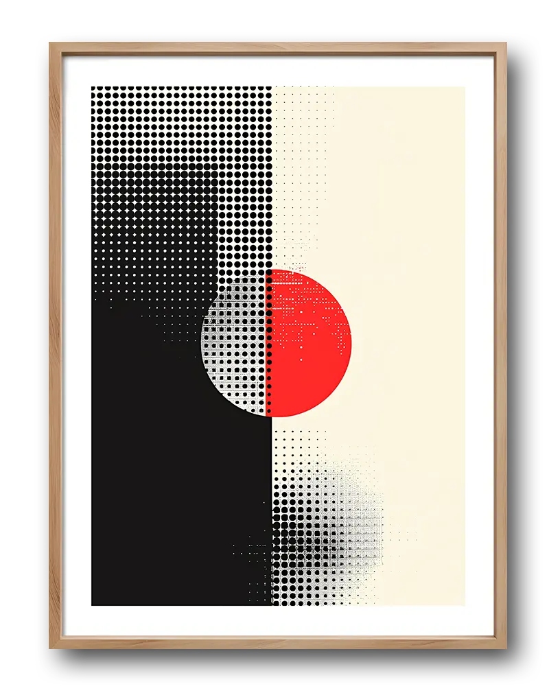 A modern abstract wall art featuring a halftone pattern with black, beige, and a bold red circle at the center. This geometric poster adds a striking contrast to contemporary spaces, perfect for adding a minimalist yet dynamic touch to your decor