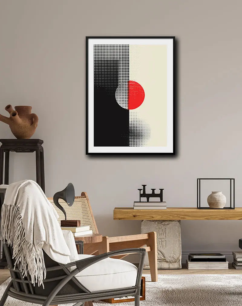 A modern abstract wall art featuring a halftone pattern with black, beige, and a bold red circle at the center. This geometric poster adds a striking contrast to contemporary spaces, perfect for adding a minimalist yet dynamic touch to your decor