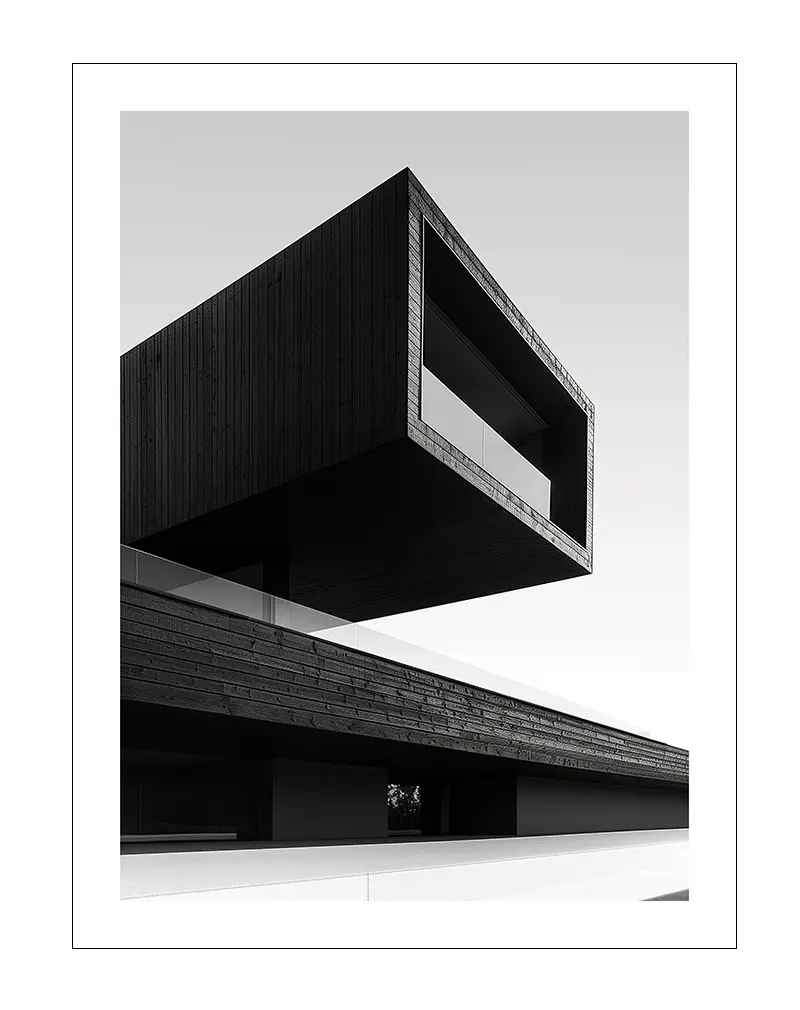 A striking black and white architectural illustration of a modern building with clean lines and minimalist design. Perfect wall art for contemporary decor, offering a sleek and sophisticated visual impact to any space