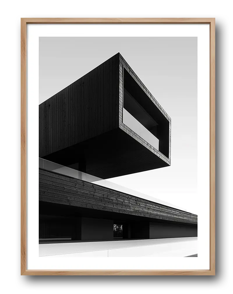 A striking black and white architectural illustration of a modern building with clean lines and minimalist design. Perfect wall art for contemporary decor, offering a sleek and sophisticated visual impact to any space