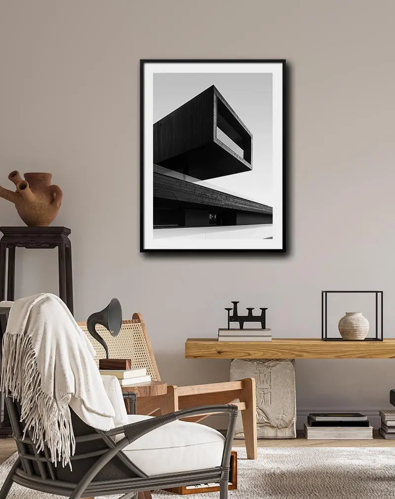 A striking black and white architectural illustration of a modern building with clean lines and minimalist design. Perfect wall art for contemporary decor, offering a sleek and sophisticated visual impact to any space