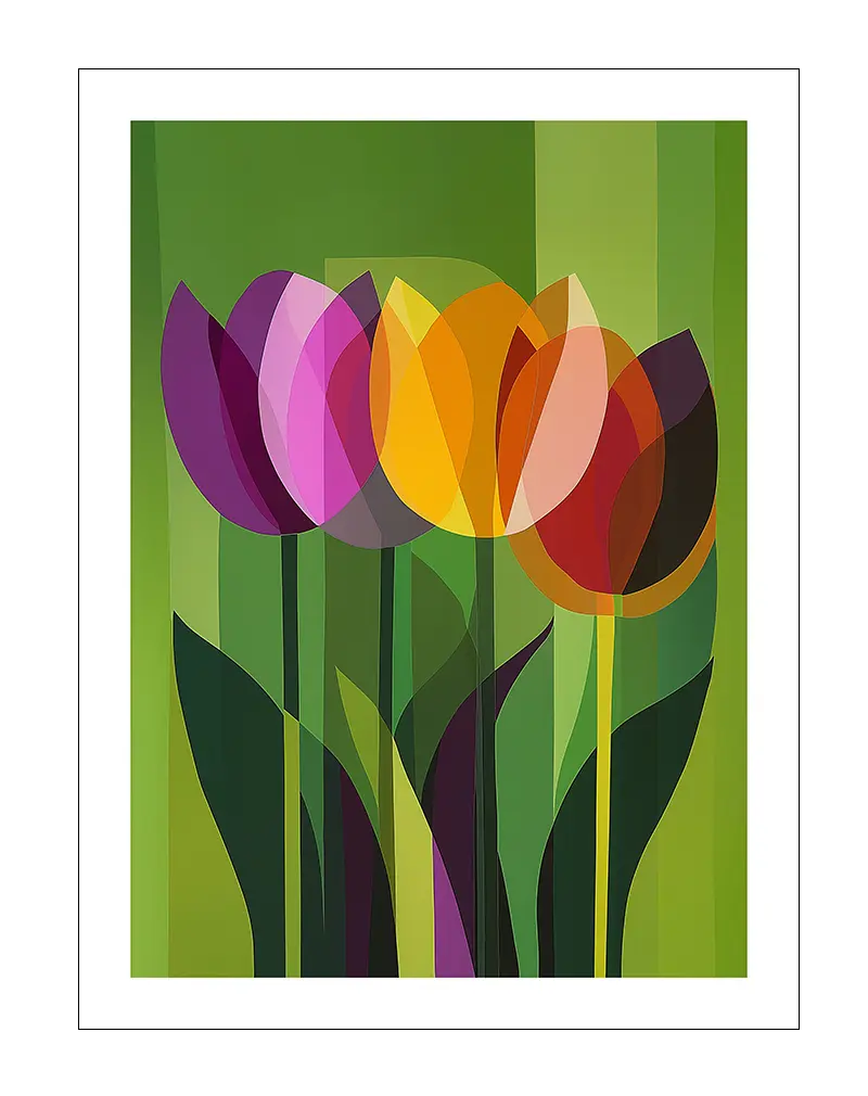 A vibrant illustration of colorful tulips with geometric shapes and overlapping patterns. Perfect wall art for adding a burst of color and modern style to any space.