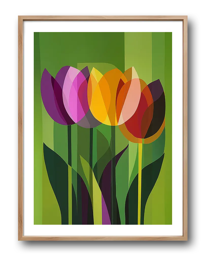 A vibrant illustration of colorful tulips with geometric shapes and overlapping patterns. Perfect wall art for adding a burst of color and modern style to any space.