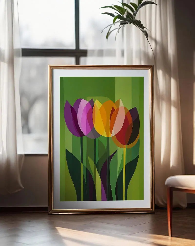 A vibrant illustration of colorful tulips with geometric shapes and overlapping patterns. Perfect wall art for adding a burst of color and modern style to any space.