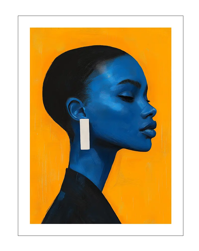 Vivid portrait illustration of a blue-toned profile against an orange background. A striking wall art piece to add bold color and style to any room.