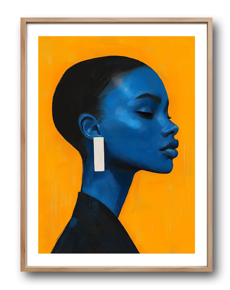 Vivid portrait illustration of a blue-toned profile against an orange background. A striking wall art piece to add bold color and style to any room.