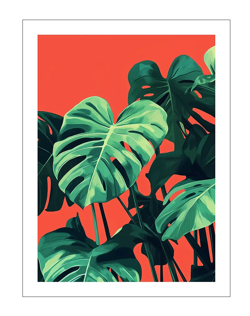 A vivid illustration of Monstera leaves set against a bold orange background. This striking wall art adds a tropical and contemporary touch to any living space, making it perfect for brightening up interiors