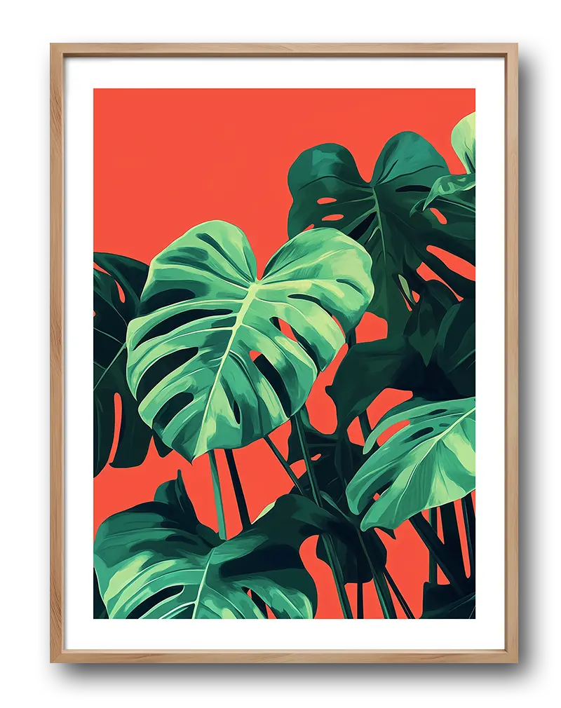 A vivid illustration of Monstera leaves set against a bold orange background. This striking wall art adds a tropical and contemporary touch to any living space, making it perfect for brightening up interiors