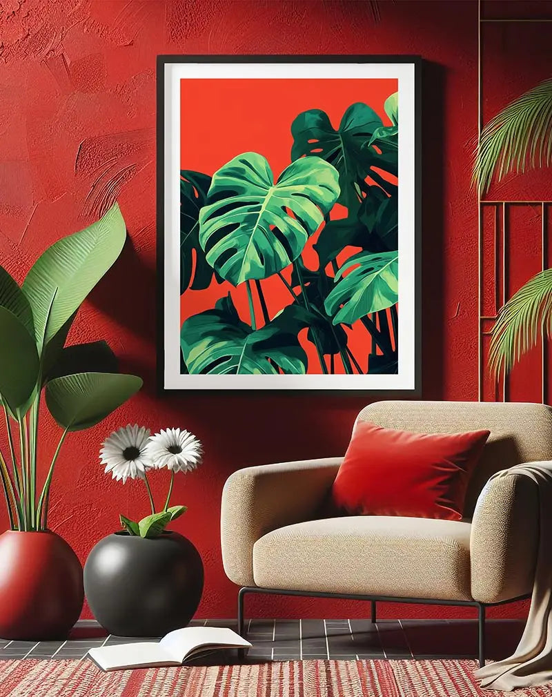 A vivid illustration of Monstera leaves set against a bold orange background. This striking wall art adds a tropical and contemporary touch to any living space, making it perfect for brightening up interiors