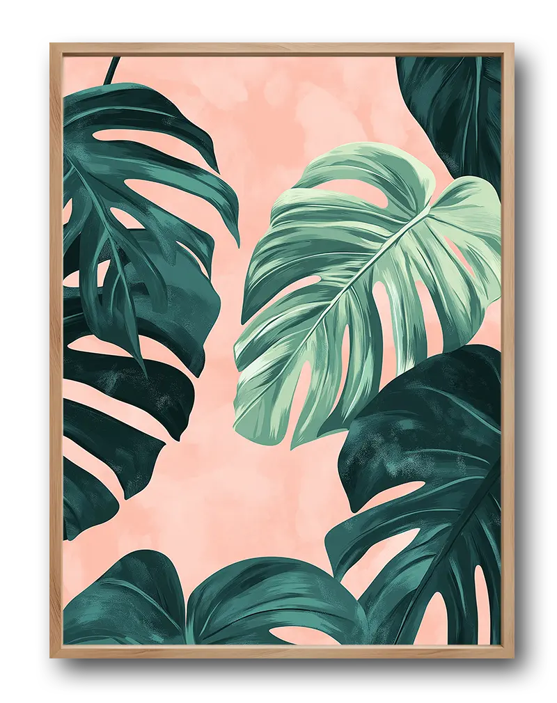 A vibrant illustration of lush monstera leaves against a soft pink background. Perfect wall art for bringing a fresh, tropical feel to your home, adding a touch of nature and greenery to any room