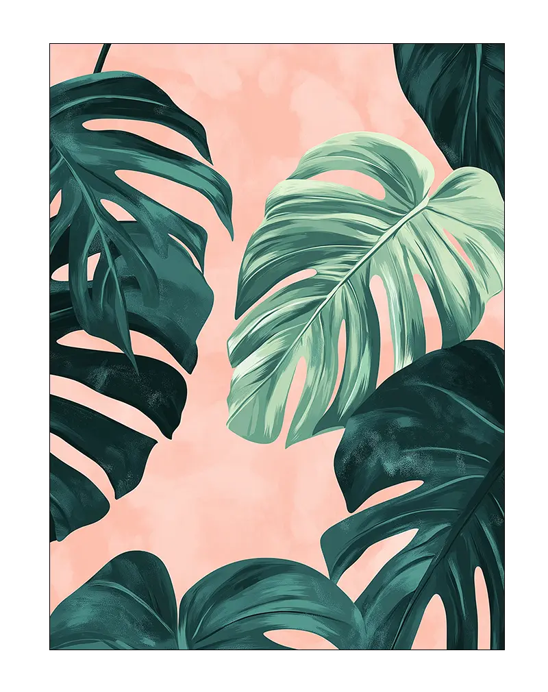 A vibrant illustration of lush monstera leaves against a soft pink background. Perfect wall art for bringing a fresh, tropical feel to your home, adding a touch of nature and greenery to any room