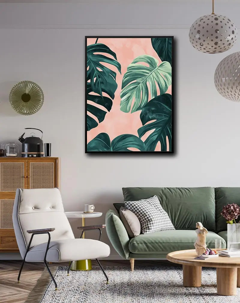 A vibrant illustration of lush monstera leaves against a soft pink background. Perfect wall art for bringing a fresh, tropical feel to your home, adding a touch of nature and greenery to any room