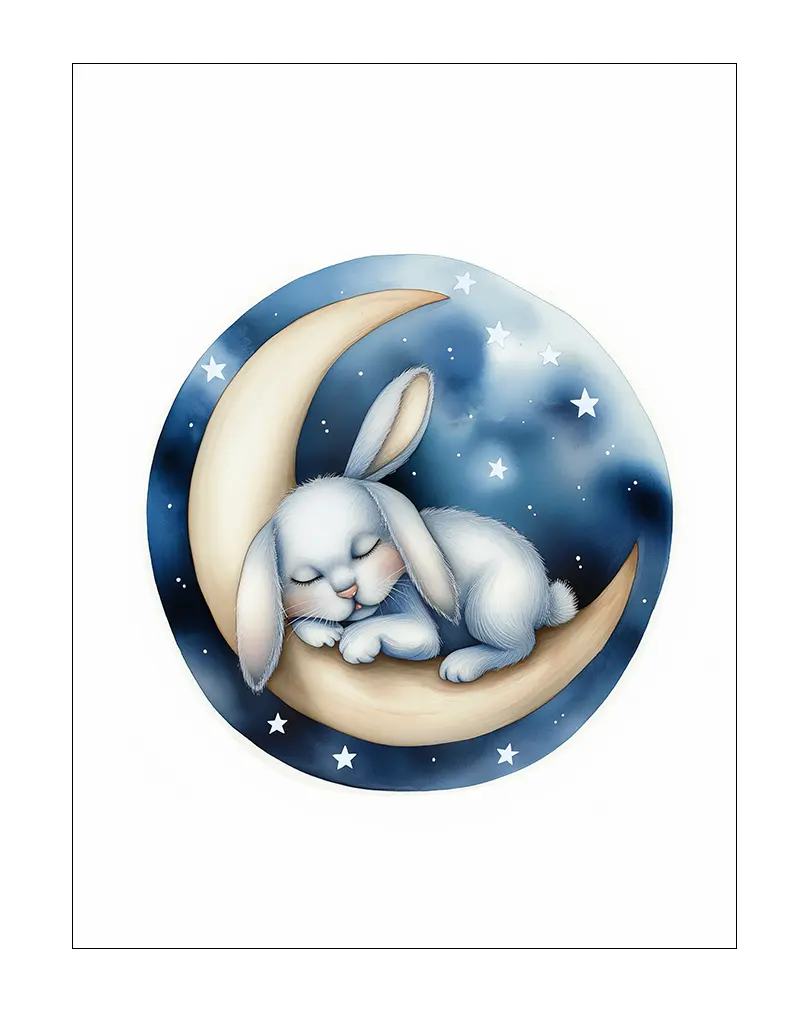 A sweet illustration of a bunny sleeping on a crescent moon with a starry night sky. Perfect wall art for a nursery or children's room, creating a calming and magical atmosphere for peaceful sleep