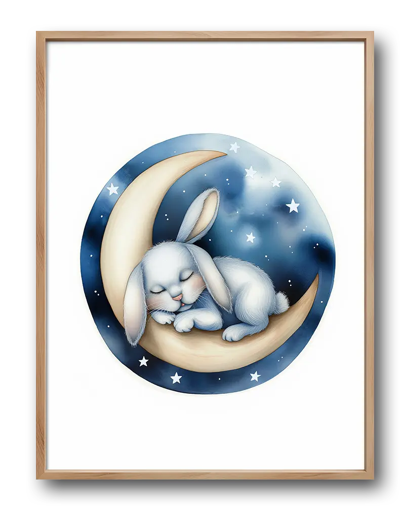 A sweet illustration of a bunny sleeping on a crescent moon with a starry night sky. Perfect wall art for a nursery or children's room, creating a calming and magical atmosphere for peaceful sleep