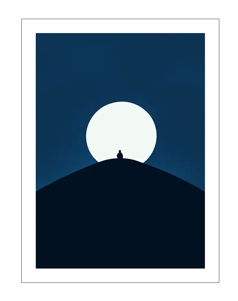 Minimalist silhouette of a person on a hill under a bright full moon. Ideal wall art for a calm and serene ambiance.