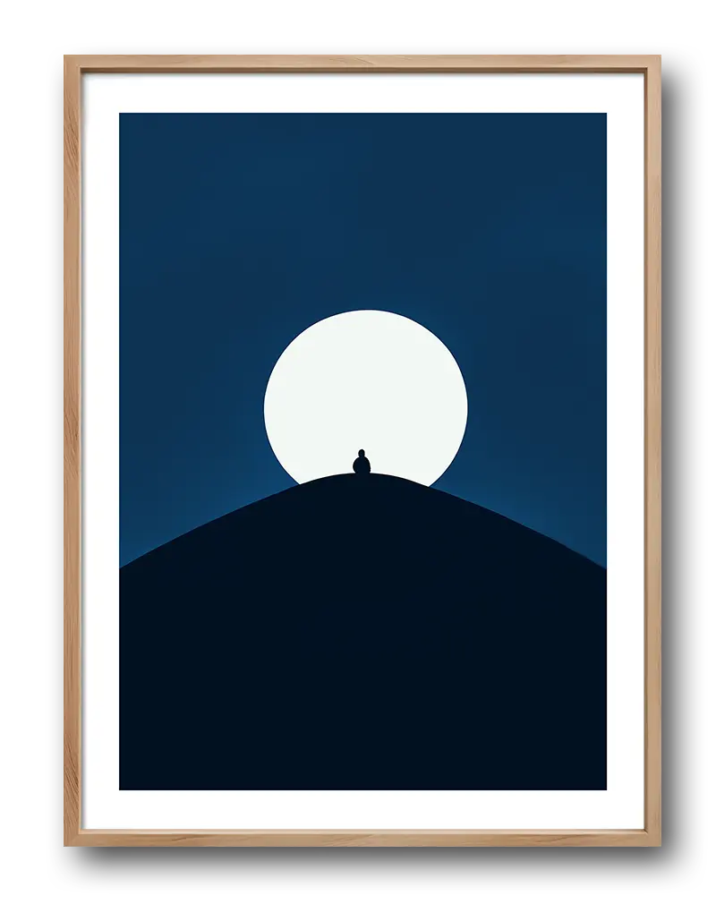 Minimalist silhouette of a person on a hill under a bright full moon. Ideal wall art for a calm and serene ambiance.