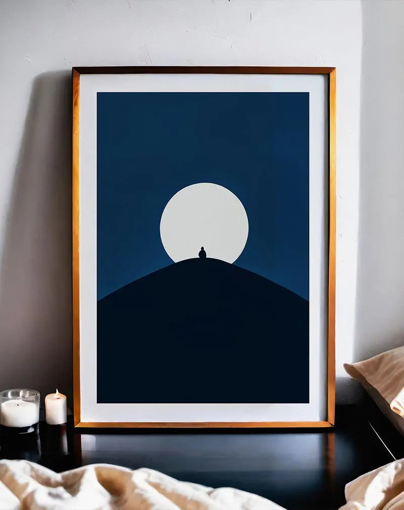 Minimalist silhouette of a person on a hill under a bright full moon. Ideal wall art for a calm and serene ambiance.