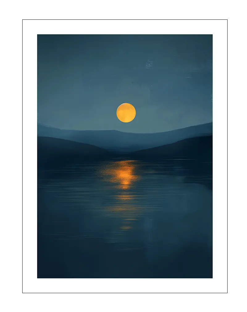 A serene landscape illustration of a full moon reflecting on a calm lake surrounded by mountains at dusk. Perfect wall art for creating a peaceful and relaxing atmosphere in any living space