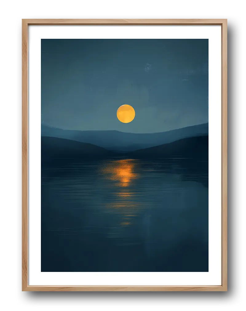 A serene landscape illustration of a full moon reflecting on a calm lake surrounded by mountains at dusk. Perfect wall art for creating a peaceful and relaxing atmosphere in any living space