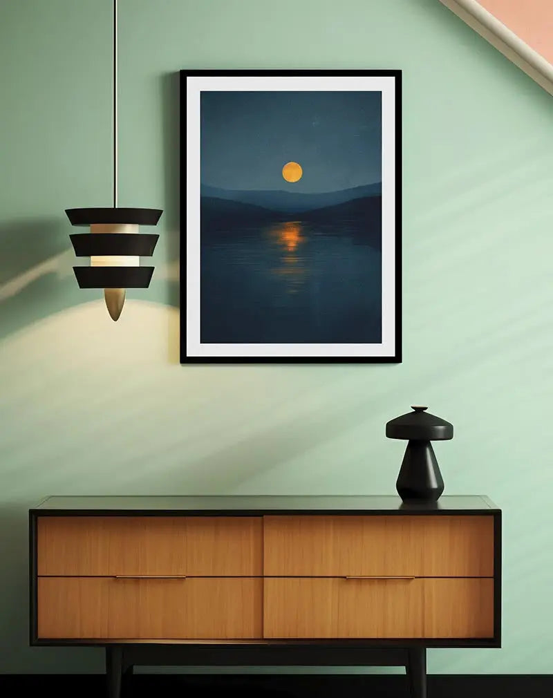 A serene landscape illustration of a full moon reflecting on a calm lake surrounded by mountains at dusk. Perfect wall art for creating a peaceful and relaxing atmosphere in any living space