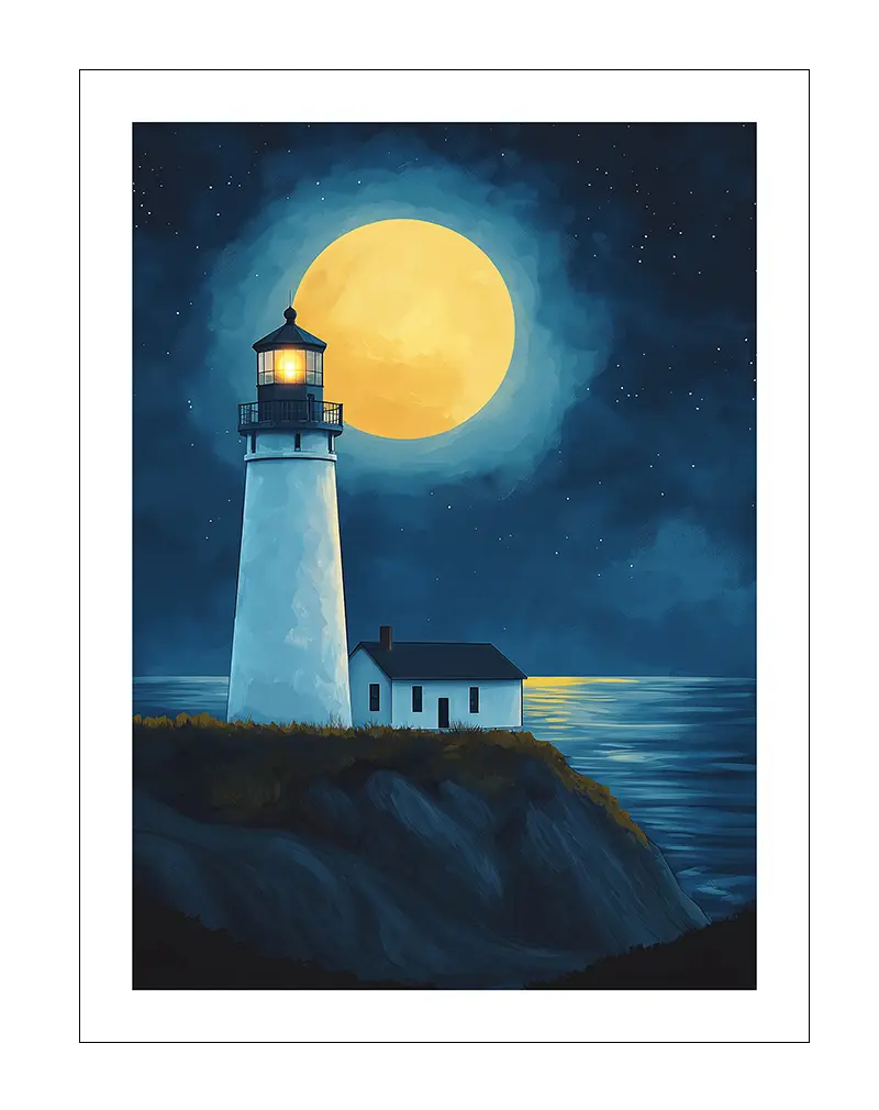 An enchanting illustration of a lighthouse illuminated under a bright full moon on a starry night. This serene wall art is perfect for creating a peaceful and calming atmosphere in any room