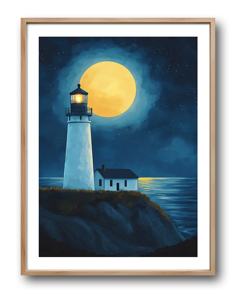 An enchanting illustration of a lighthouse illuminated under a bright full moon on a starry night. This serene wall art is perfect for creating a peaceful and calming atmosphere in any room