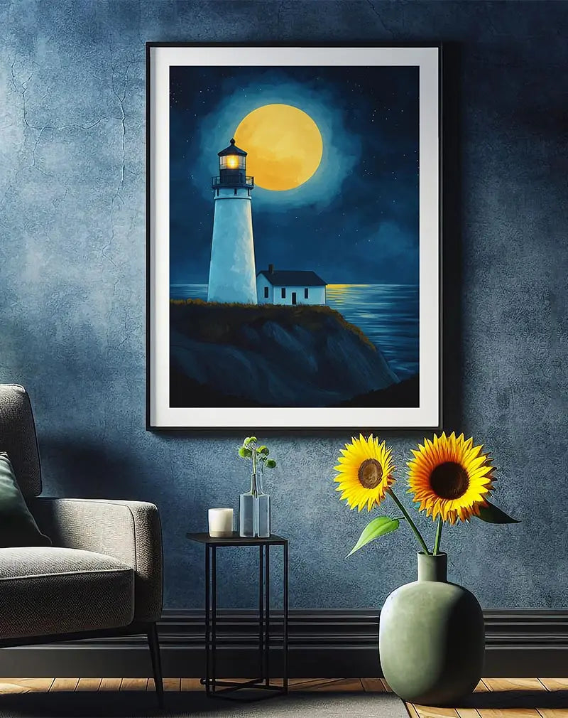 An enchanting illustration of a lighthouse illuminated under a bright full moon on a starry night. This serene wall art is perfect for creating a peaceful and calming atmosphere in any room