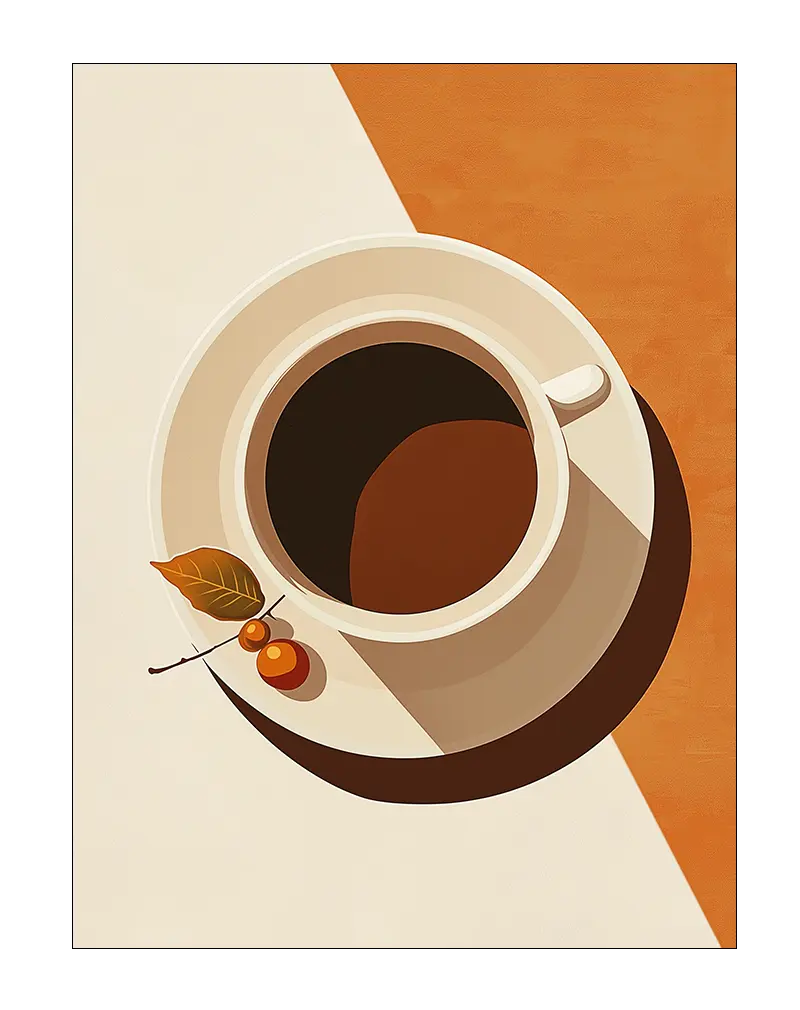 A minimalist illustration of a coffee cup casting a long shadow, accompanied by autumn leaves and berries. This modern wall art poster is perfect for adding a touch of warmth and simplicity to any kitchen or living space